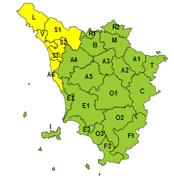 La mappa dell'allerta della Regione Toscana